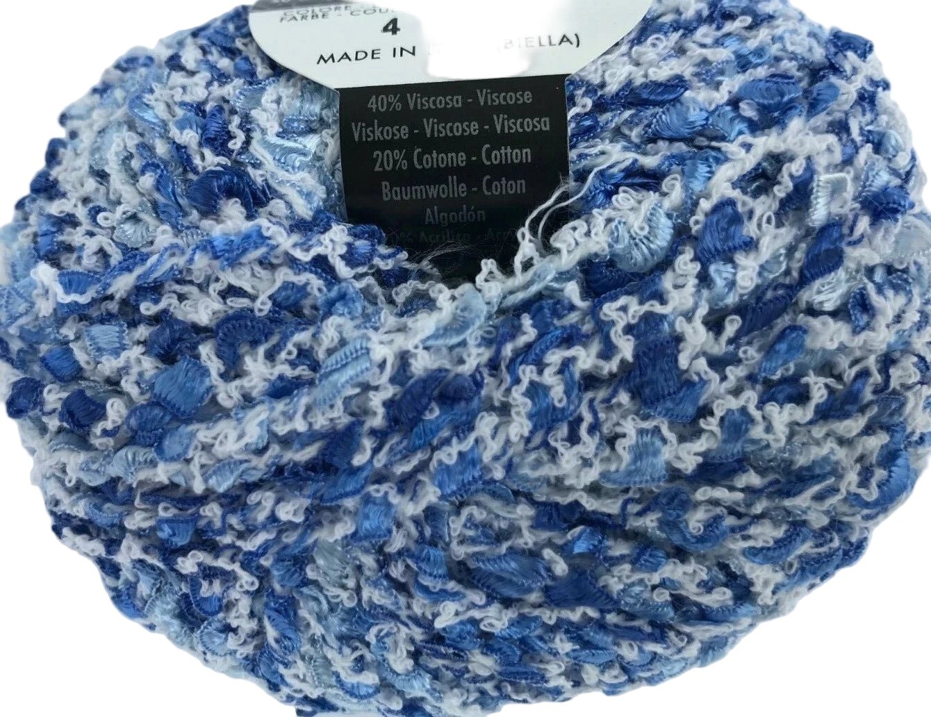 Blue and white yarn ball with a label on a white background