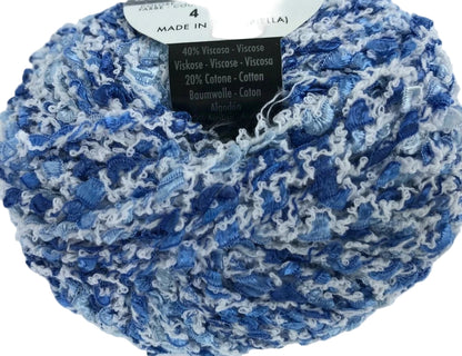 Blue and white yarn ball with a label on a white background
