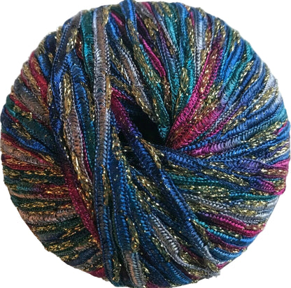 Multicolored yarn skein with metallic sheen on a white background