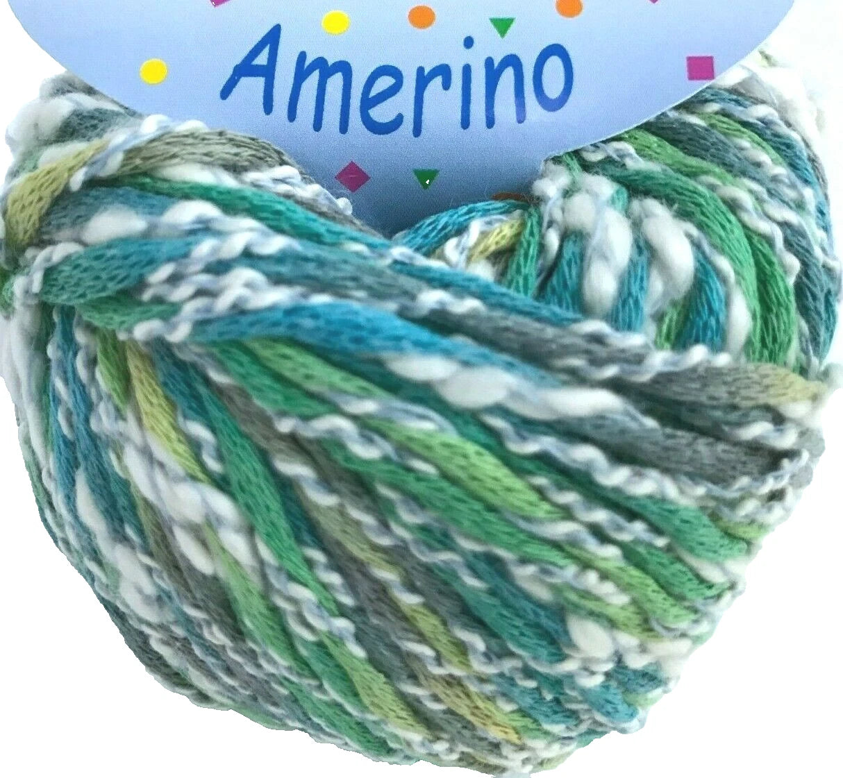 Multicolored yarn ball with 'Amerino' label on a white background