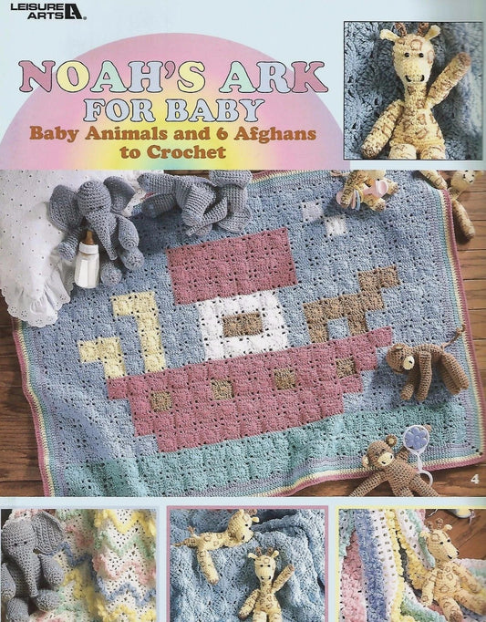 Crochet pattern book titled 'Noah's Ark for Baby' with illustrations of a crocheted ship and baby animals.