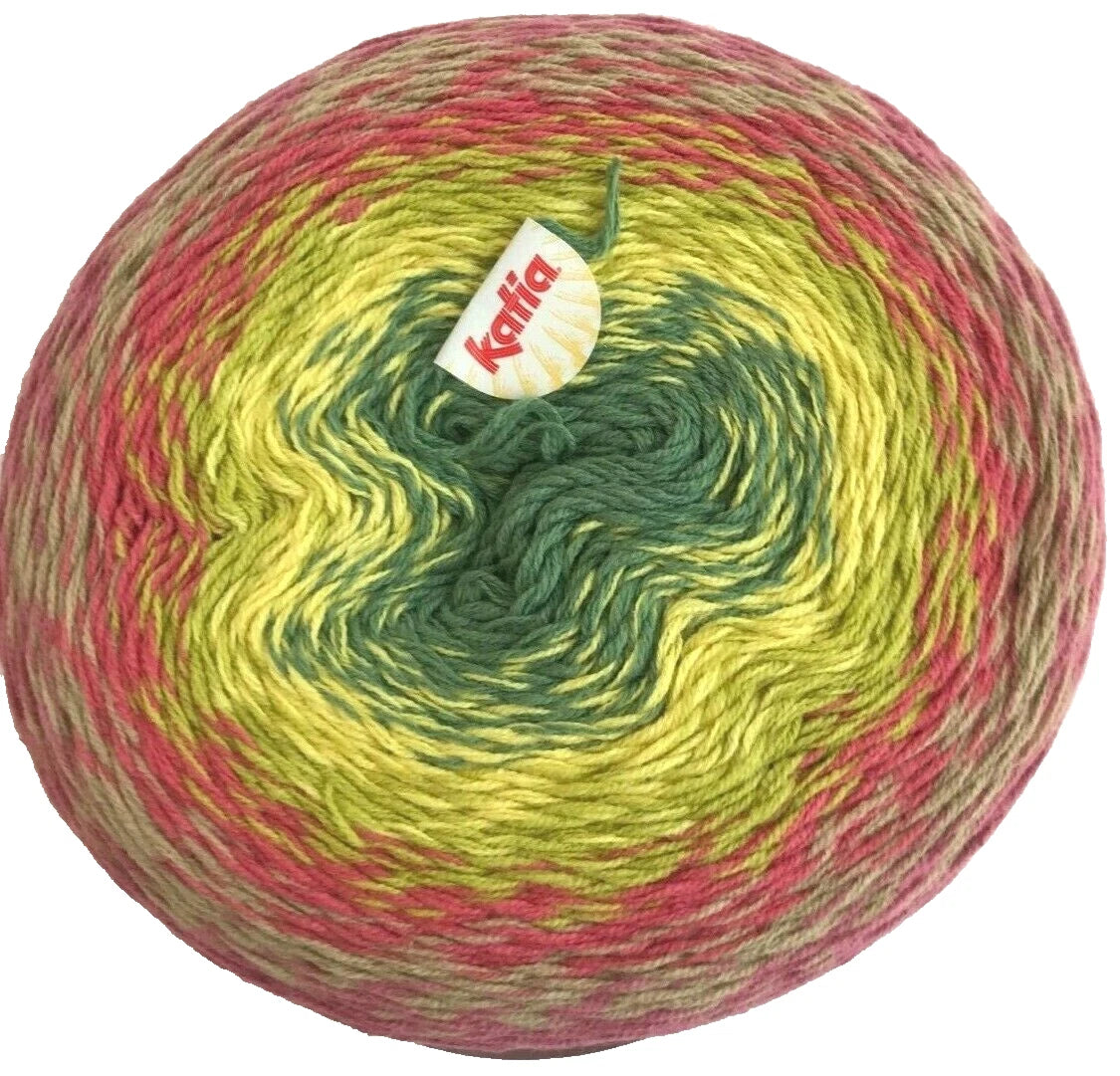 Multicolored yarn ball with a Kintia label on a white background