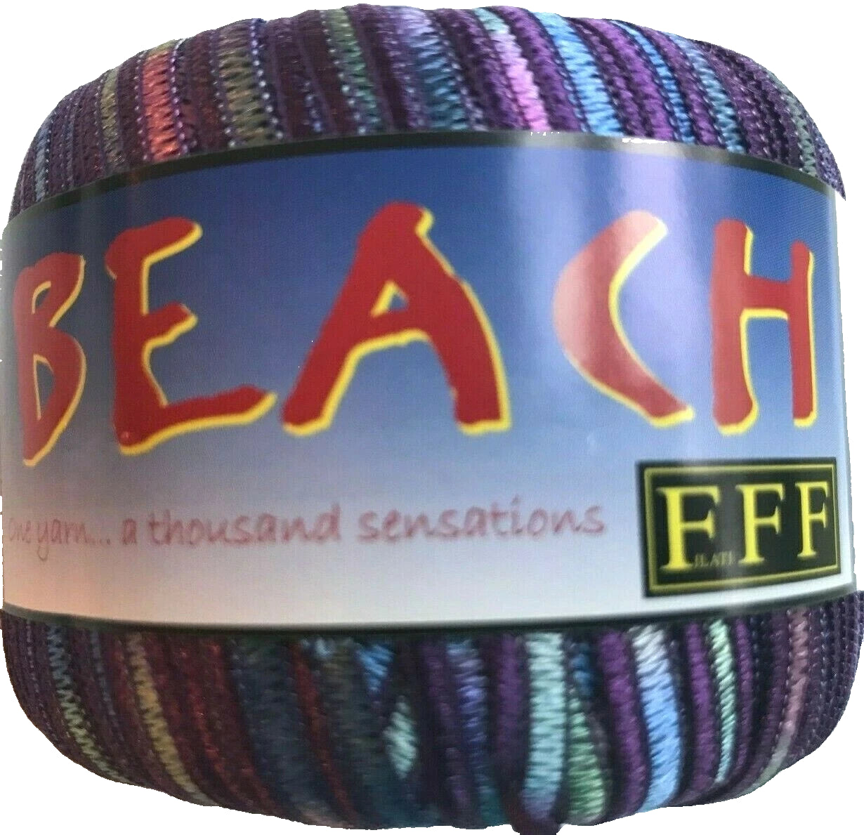 Multicolored yarn ball with 'BEACH' and 'FFF' branding on a label.
