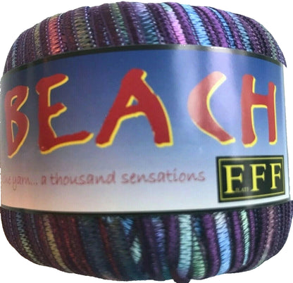 Multicolored yarn ball with 'BEACH' and 'FFF' branding on a label.