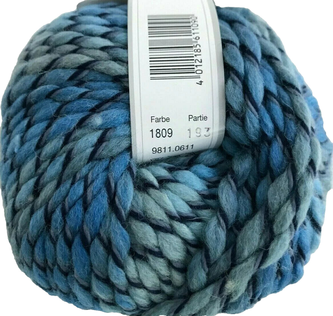 Blue skein of yarn with a label on a white background