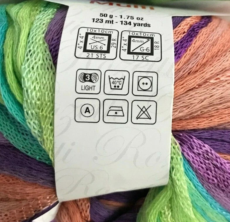 Colorful yarn skein with a label showing knitting information.