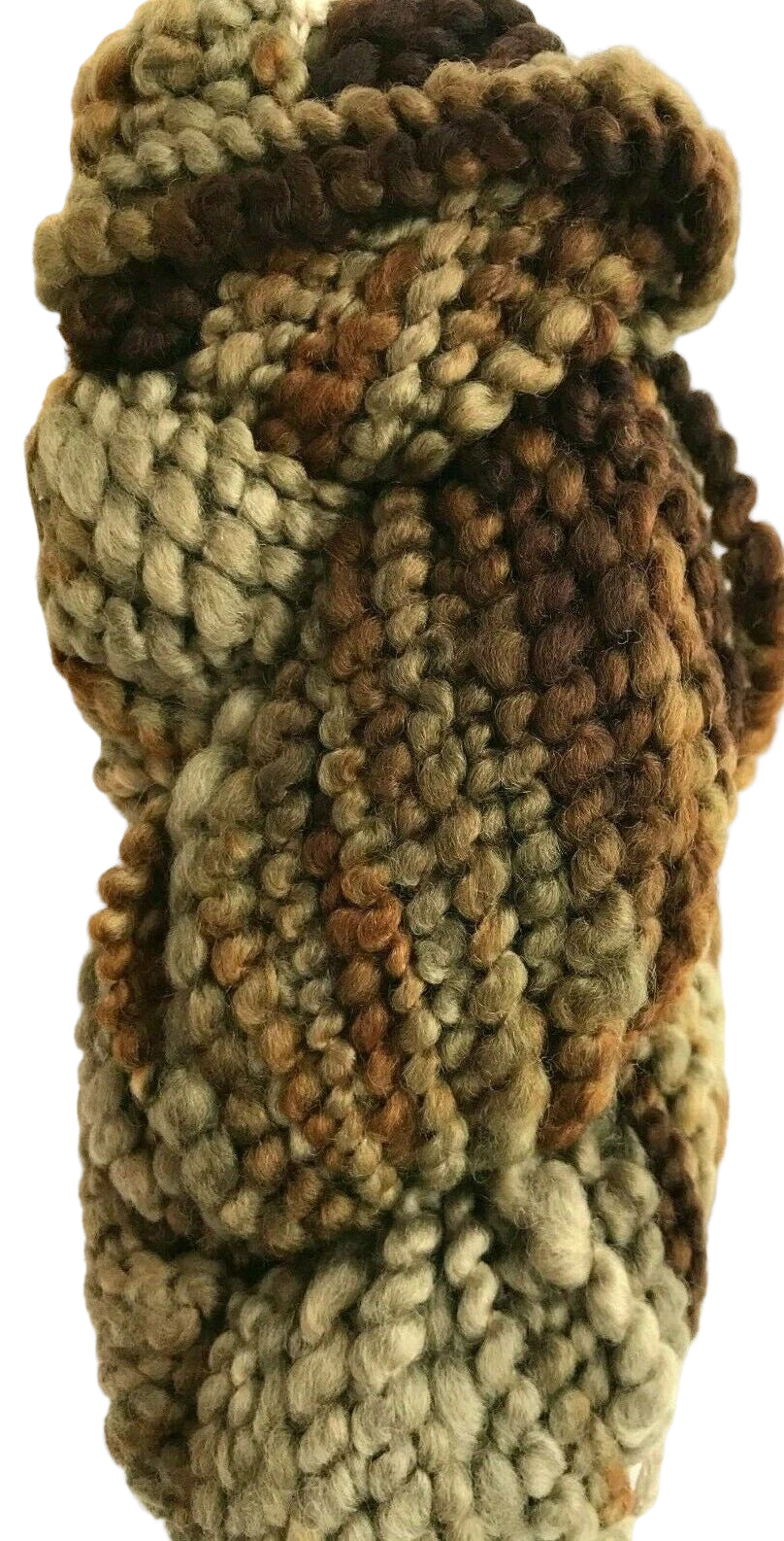 Knitted scarf with earthy tones on a white background