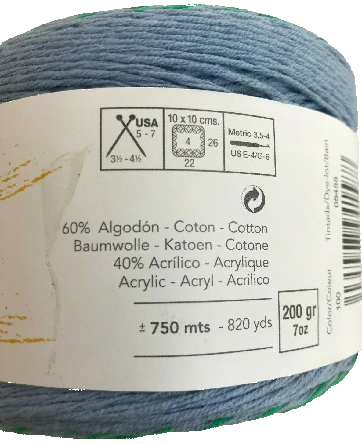 Yarn ball with label showing yarn details and brand information