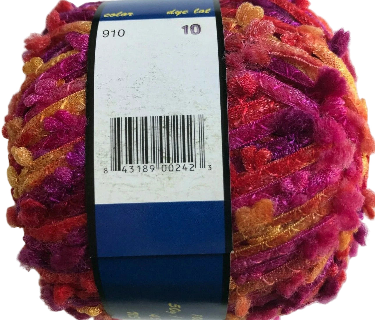 Multicolored yarn ball with a label showing a barcode on a white background