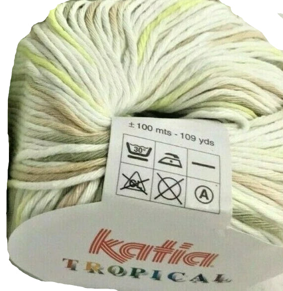 Ball of yarn with a label showing washing instructions and the brand 'Katia Tropical'.