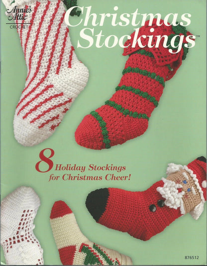 Book cover of 'Christmas Stockings' with crocheted stockings and a Santa figure on a green background.