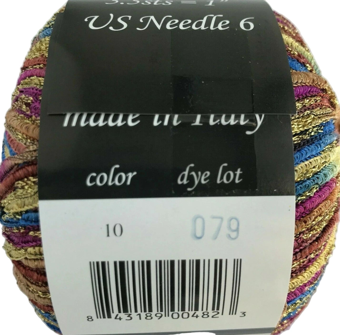 Multicolored yarn skein with a label indicating 'made in Italy' and product details.