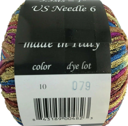 Multicolored yarn skein with a label indicating 'made in Italy' and product details.