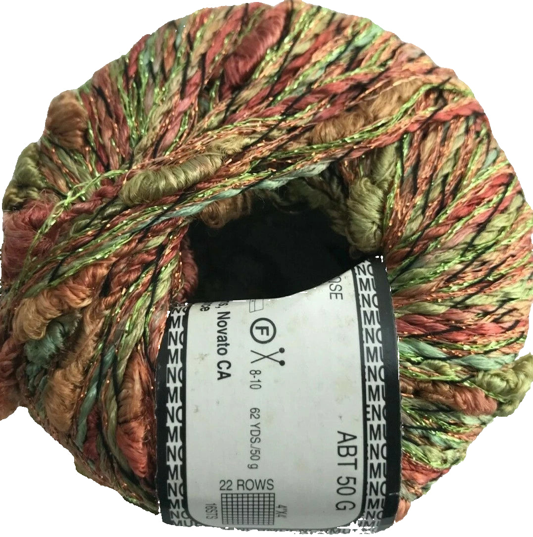 Multicolored skein of yarn with a label on a white background