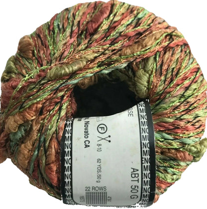 Multicolored skein of yarn with a label on a white background