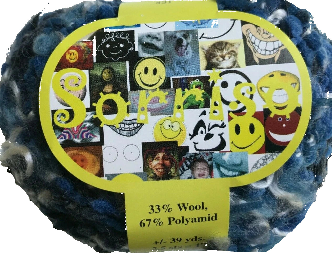 Yarn ball with colorful label featuring cartoon faces and text