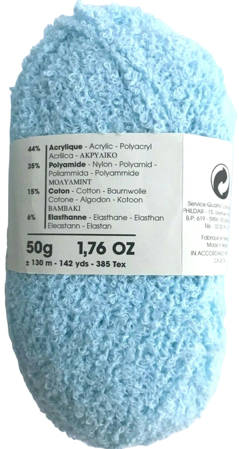 Ball of blue yarn with a label on a white background