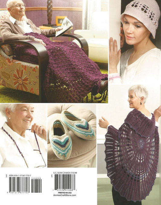 Knitted items including a blanket, shawl, and shoes displayed with people wearing them.
