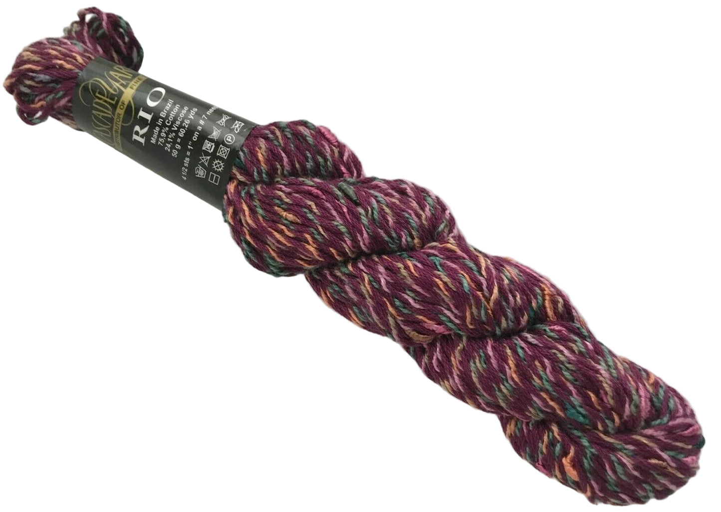 Multicolored skein of yarn with a label on a white background