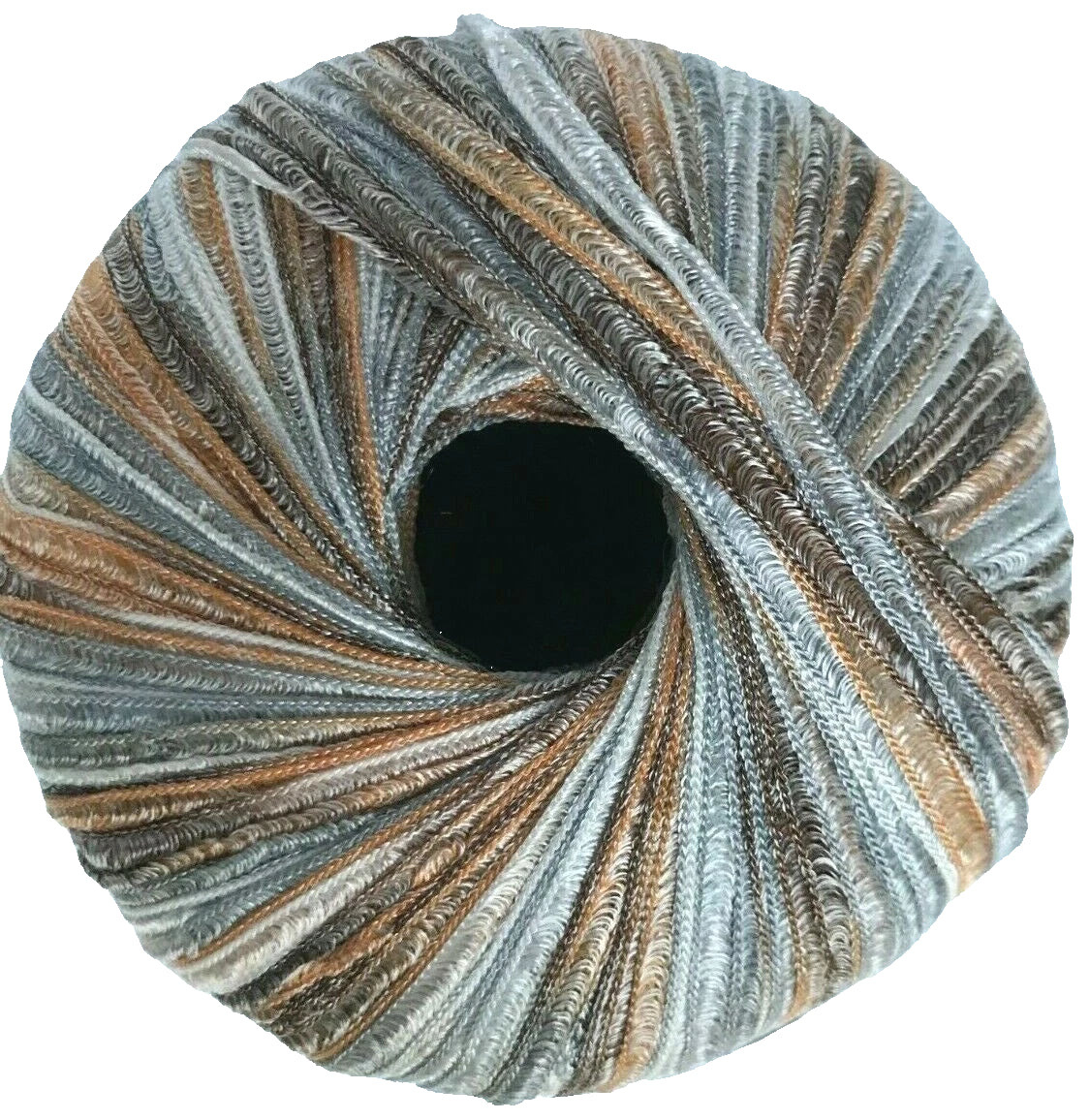 Spool of multicolored yarn on a white background