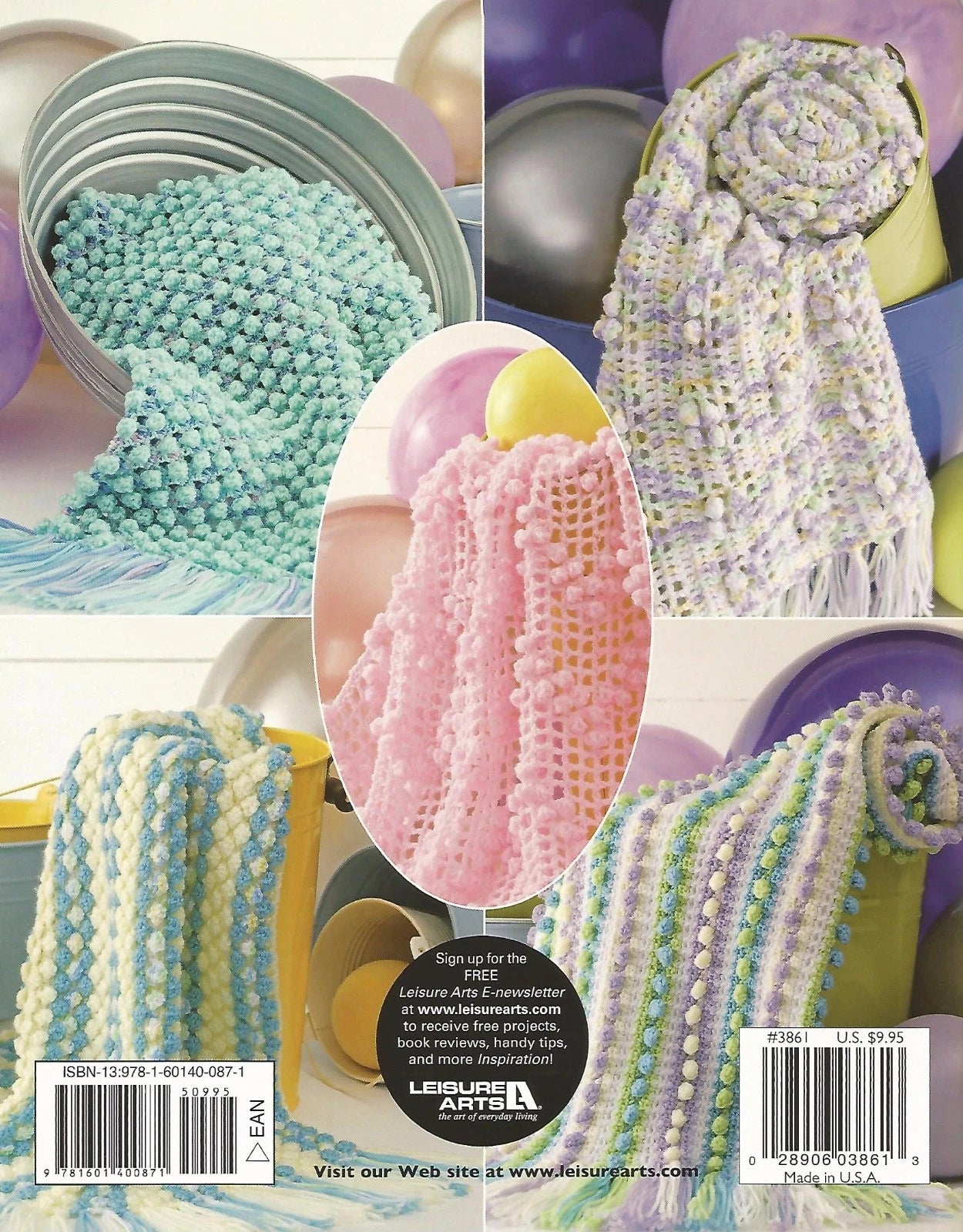 Back cover of a Leisure Arts craft book with yarn and knitting projects.