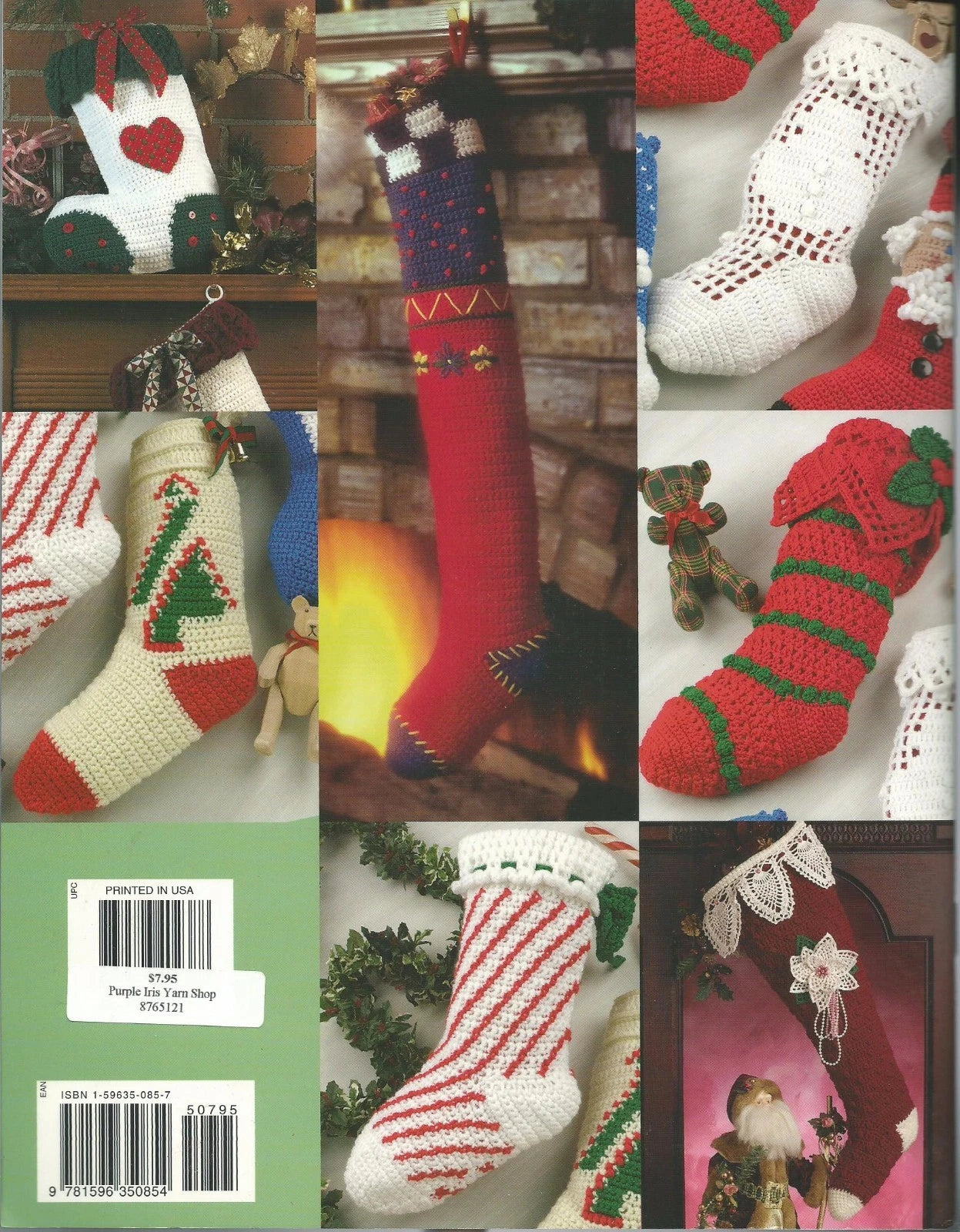 Collage of various crocheted Christmas stockings with different designs and colors.