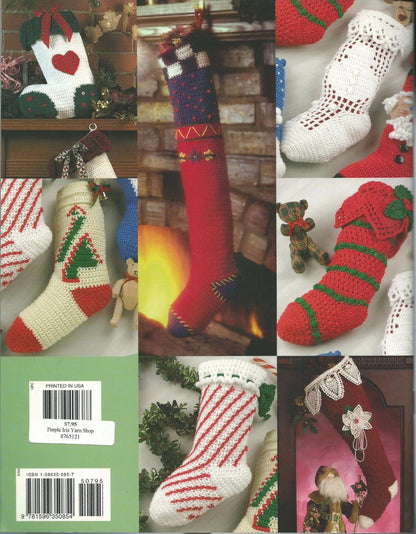 Collage of various crocheted Christmas stockings with different designs and colors.