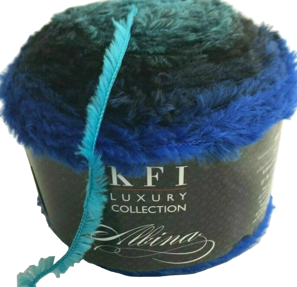 Blue and black yarn ball with 'KFI Luxury Collection' label on a white background