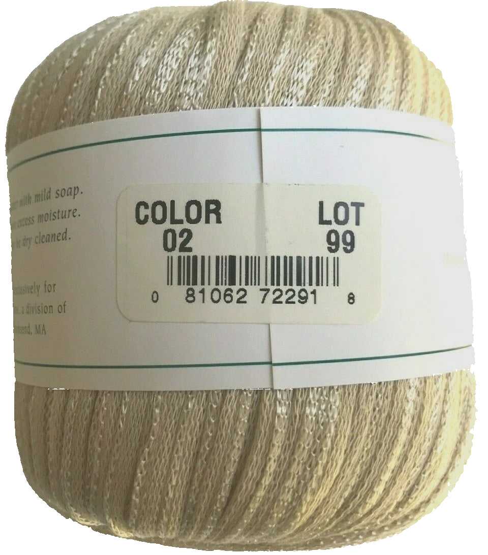 Ball of yarn with a label showing color and lot number on a white background