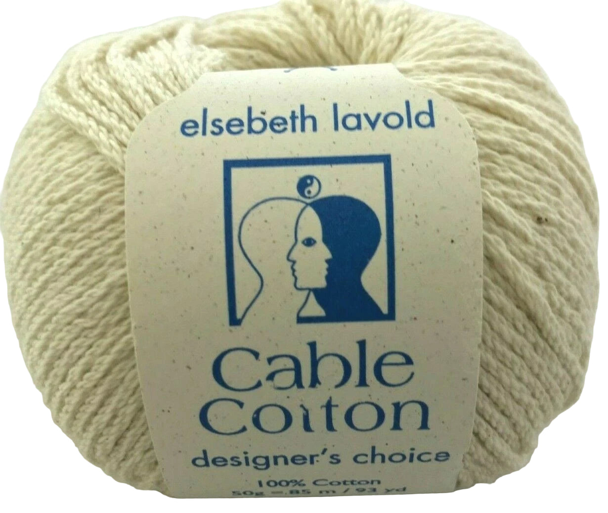 Ball of yarn with 'elsebeth lavold Cable Cotton' label on a white background