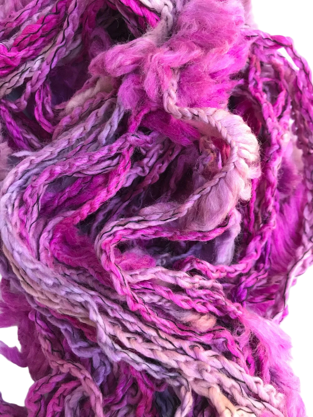 Close-up of multicolored yarn skein with pink, purple, and white tones.