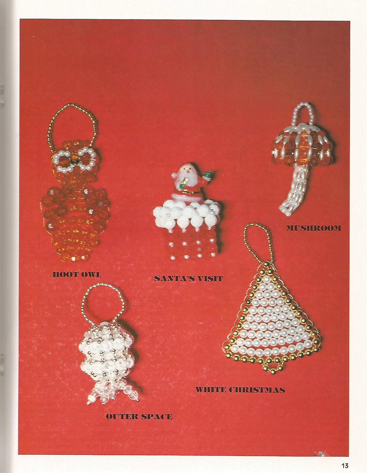 Collection of Christmas-themed beaded ornaments on a red background