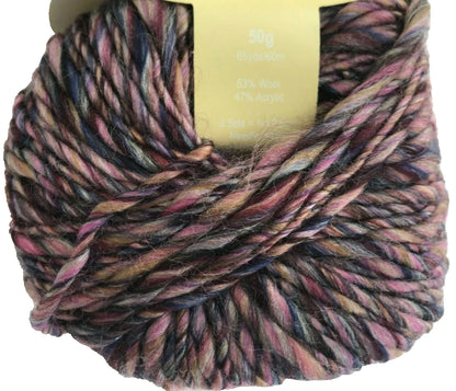 Multicolored skein of yarn with a label on a white background