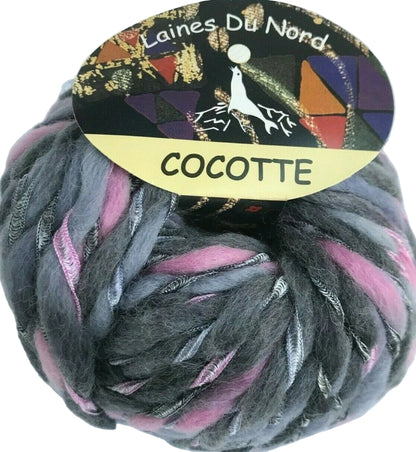 Ball of yarn with 'Laines Du Nord Cocotte' label on a white background