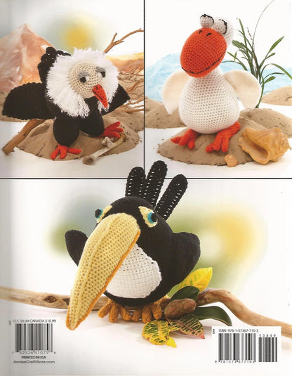 Four crochet bird toys displayed in a grid with natural backgrounds.