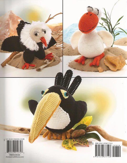 Four crochet bird toys displayed in a grid with natural backgrounds.