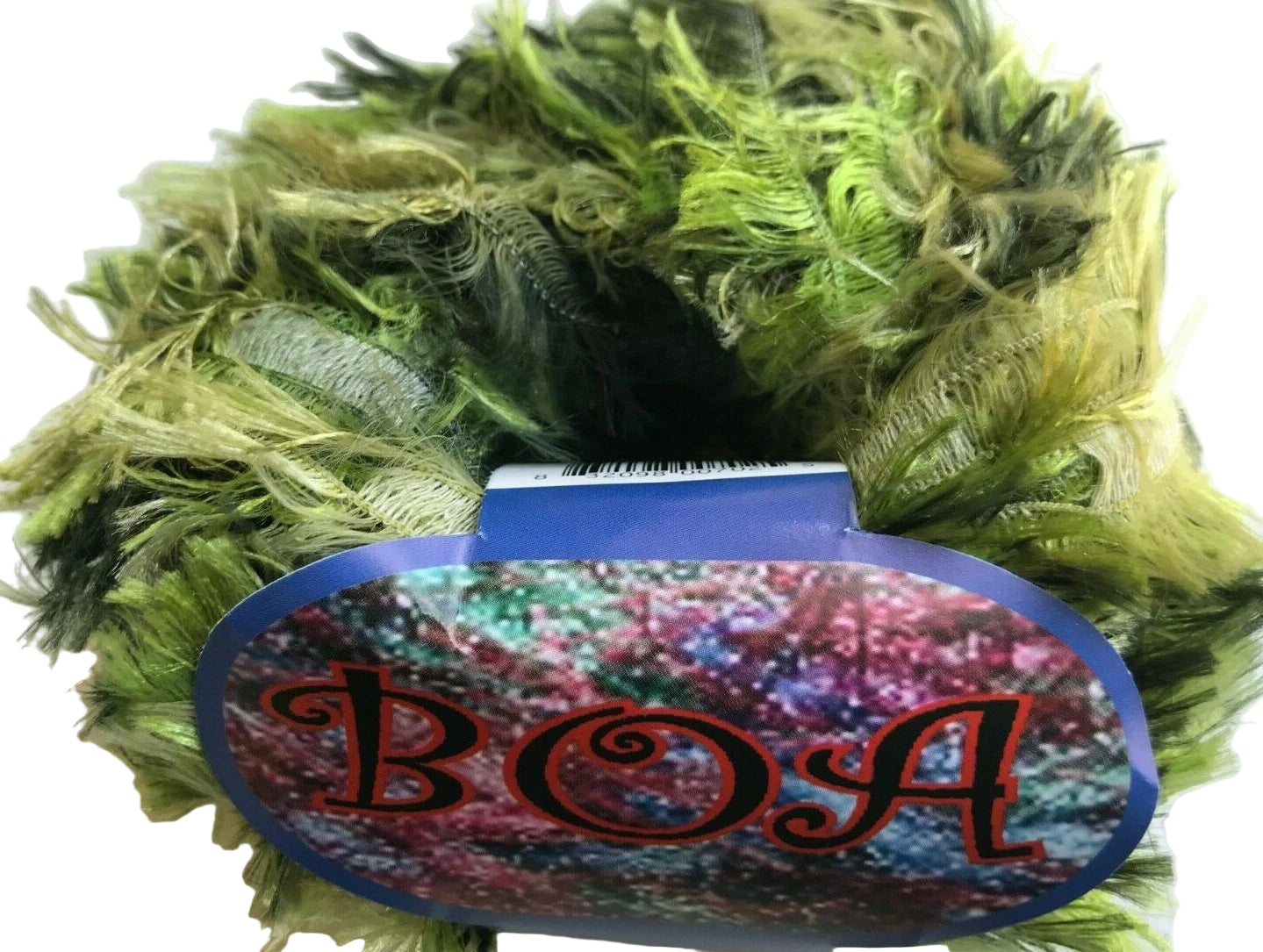 Green feathered object with a blue tag labeled 'BOA' on a white background