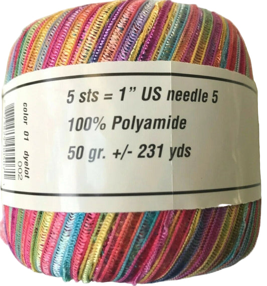 Multicolored skein of yarn with label on a white background