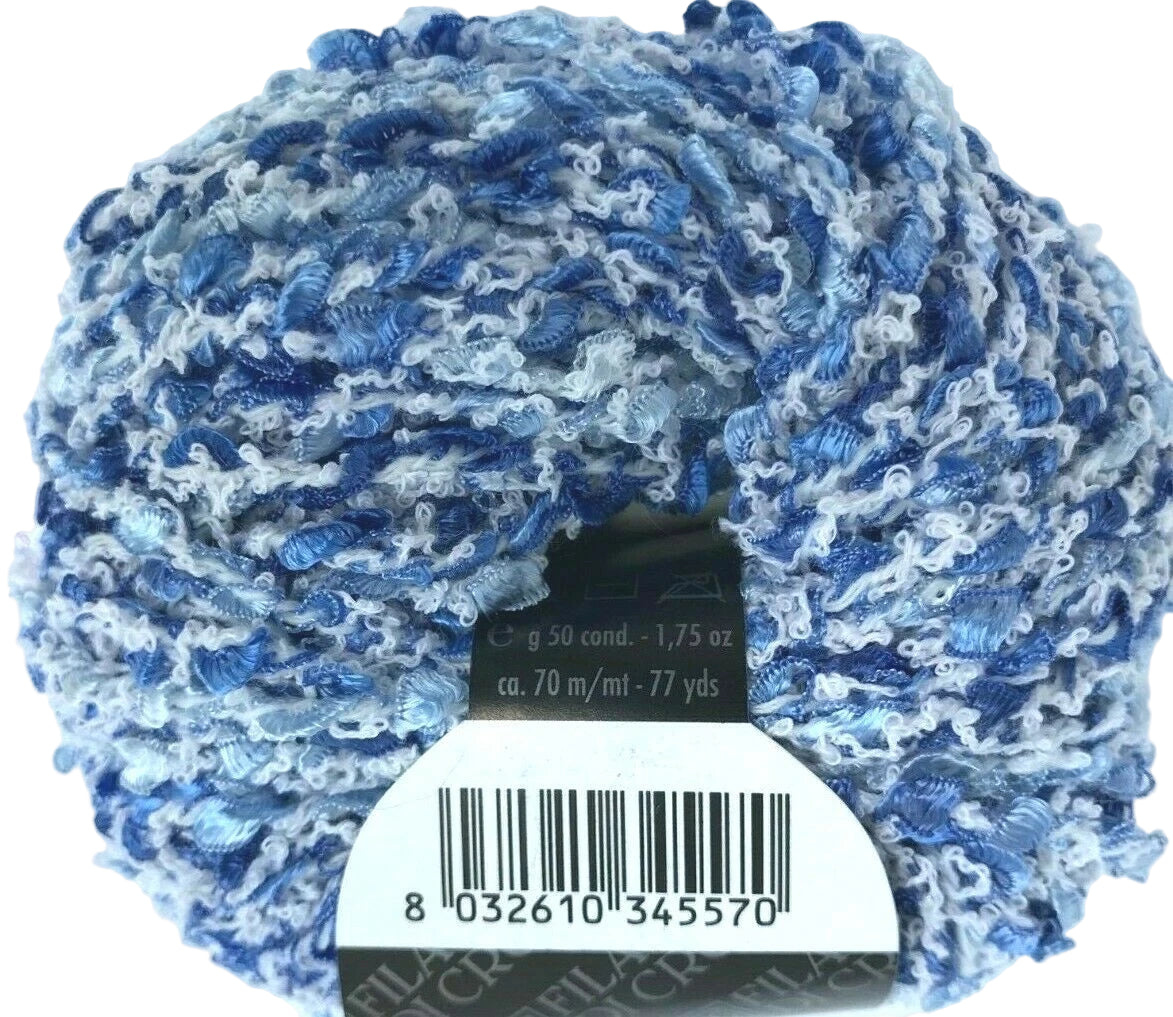 Blue and white yarn ball with a label on a white background