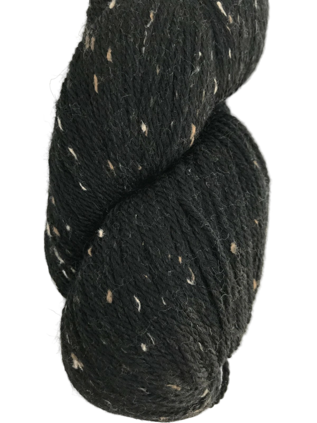 Black yarn skein with white speckles on a white background