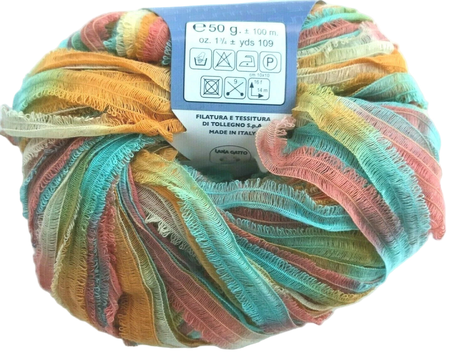 Multicolored skein of yarn with a label on a white background