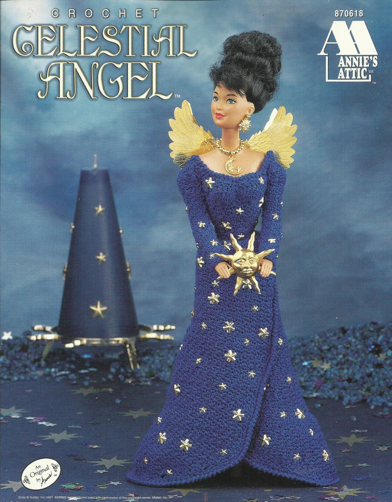 Crocheted angel doll with celestial design on a blue background, featuring Annie's Attic branding.