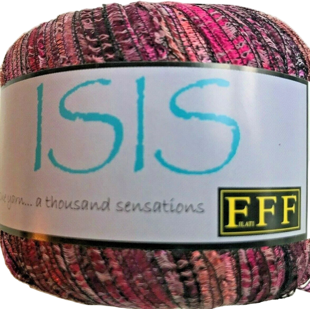 Colorful skein of yarn with 'ISIS' and 'FFF' branding on a white background