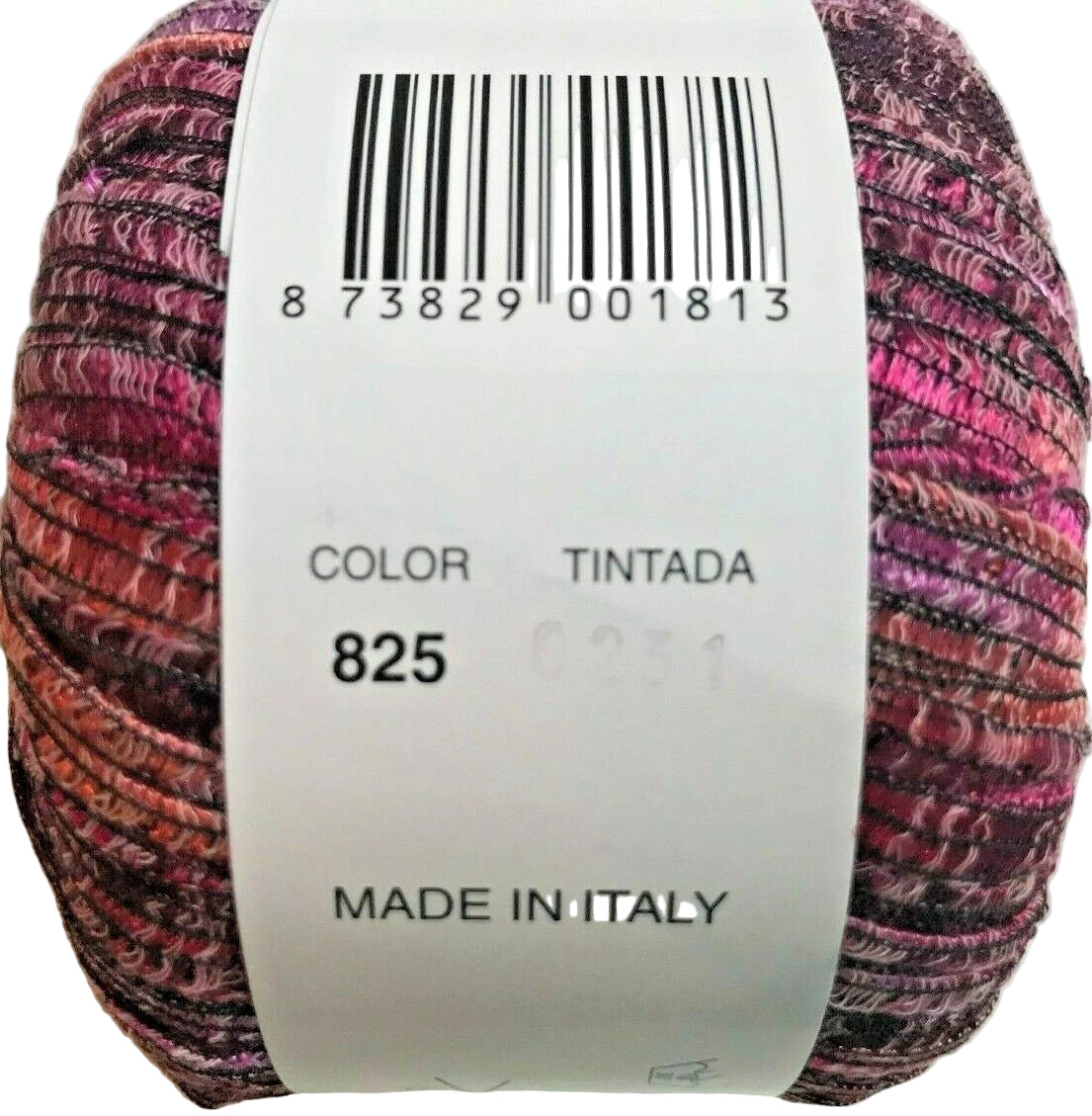 Multicolored yarn ball with a label showing color code 825 and 'Made in Italy'.