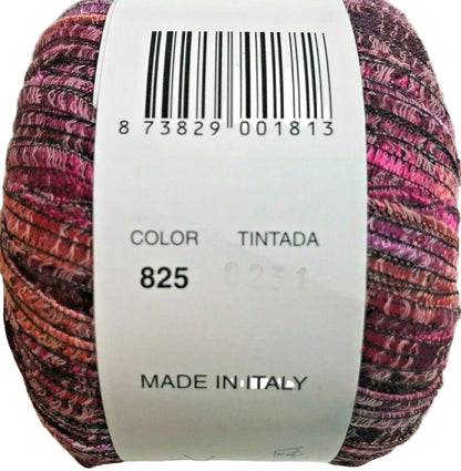 Multicolored yarn ball with a label showing color code 825 and 'Made in Italy'.