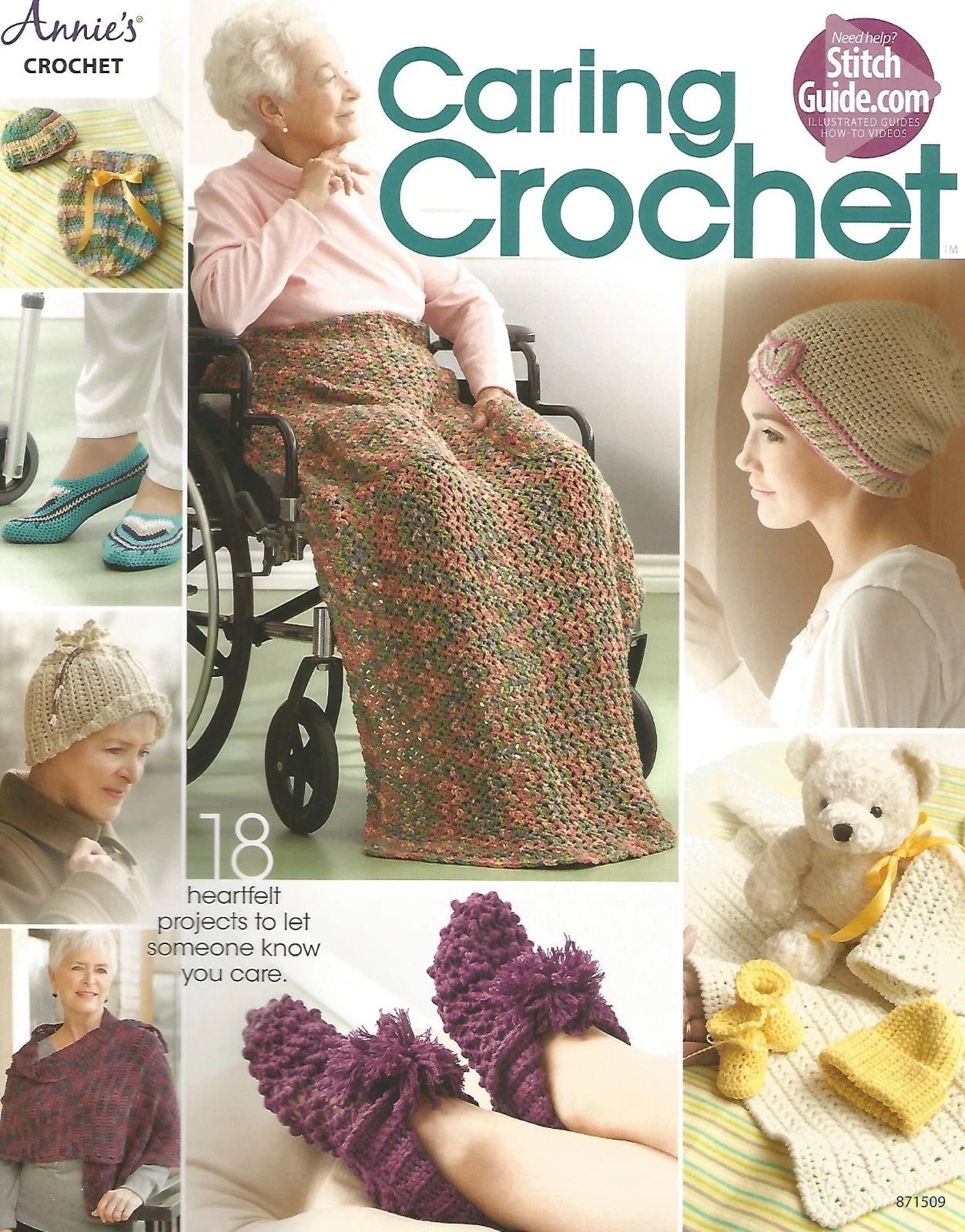 Magazine cover featuring crochet projects with a woman in a wheelchair and various knitted items.
