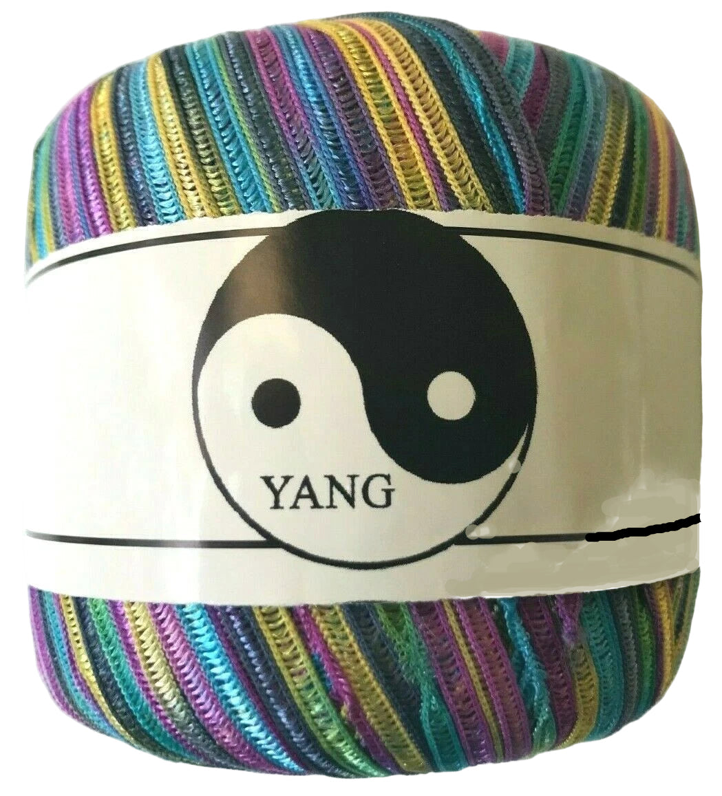 Colorful striped ball with a yin yang symbol and 'YANG' text on a white background