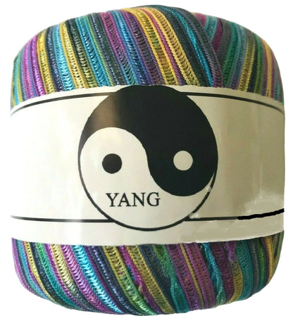 Colorful striped ball with a yin yang symbol and 'YANG' text on a white background