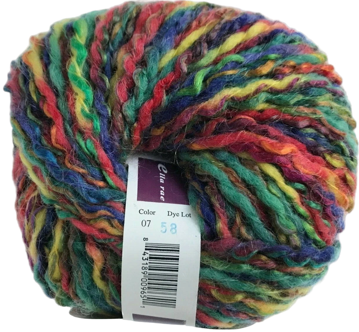 Multicolored skein of yarn with a label on a white background
