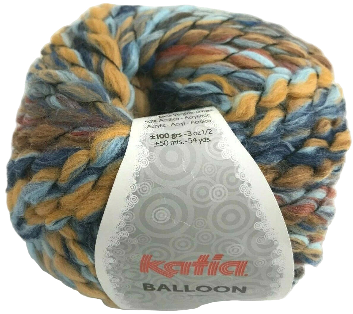 Colorful skein of yarn with a Katia label on a white background